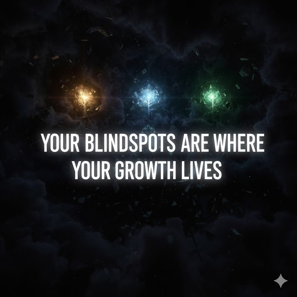 Glowing lights in dark space with the words Your Blindspots Are Where Your Growth Lives
