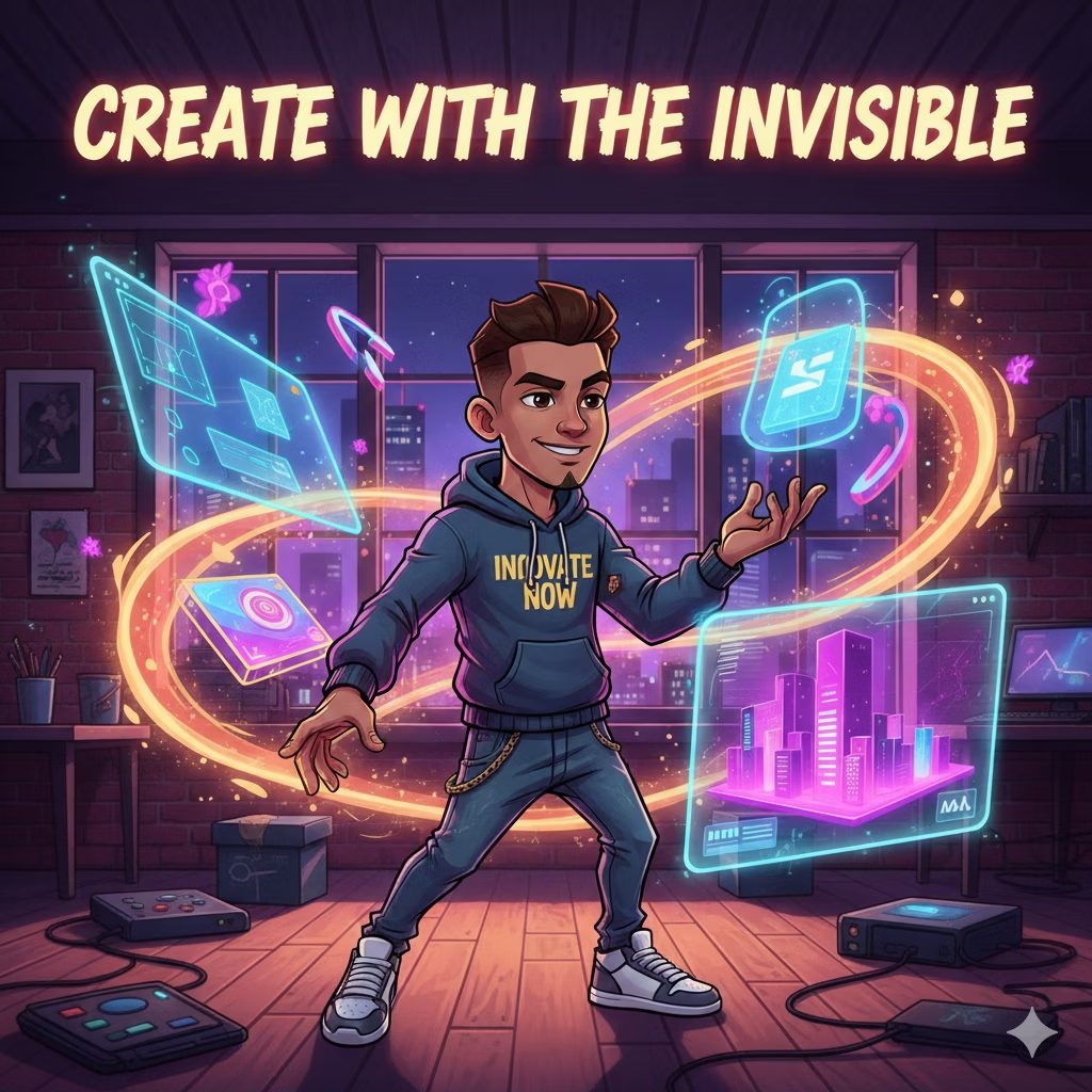 Illustration of a creator surrounded by glowing screens titled Create With The Invisible