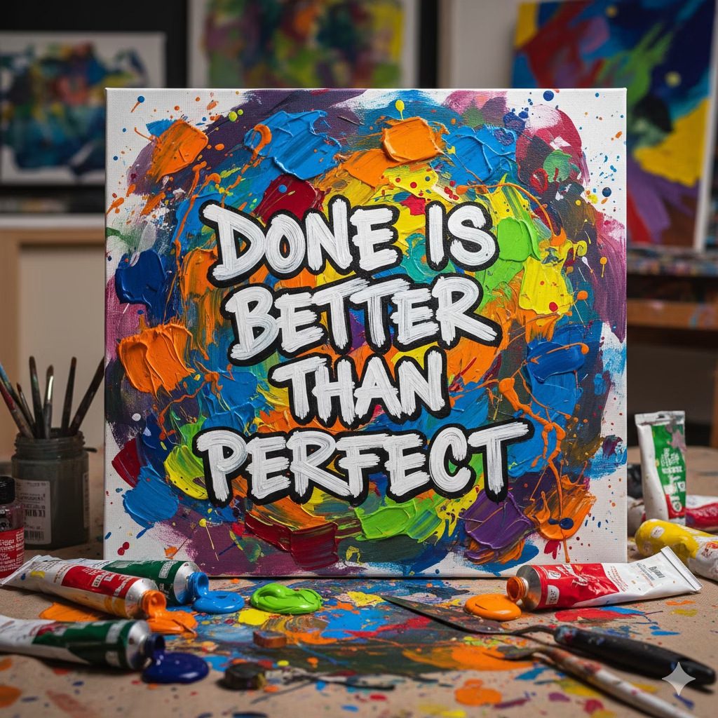 Colorful painted canvas that reads Done Is Better Than Perfect