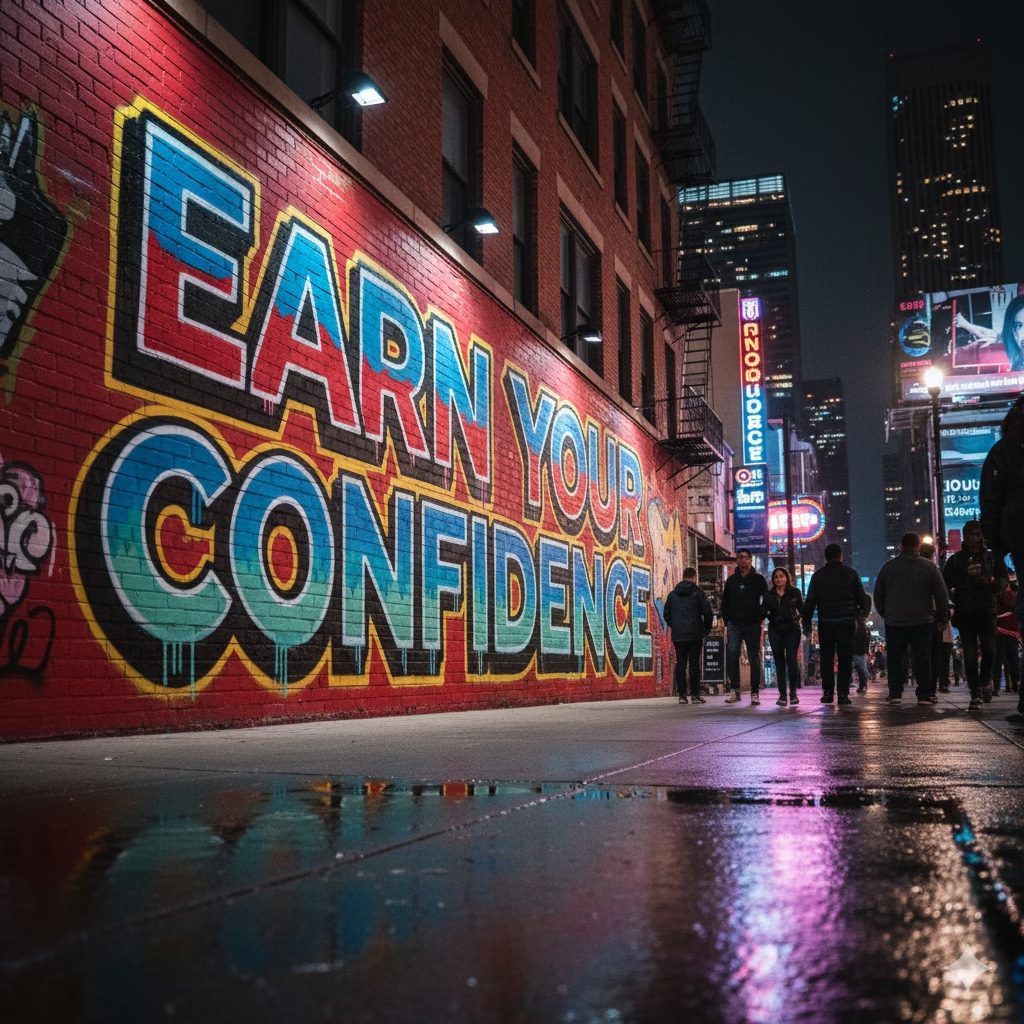 Street art on a rainy city block that reads Earn Your Confidence