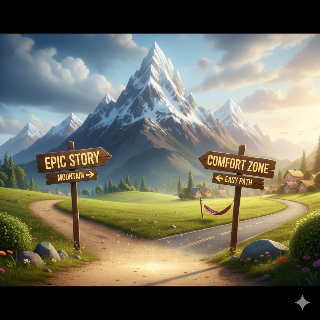 A trail sign pointing one way to Epic Story up a mountain and the other way to Comfort Zone