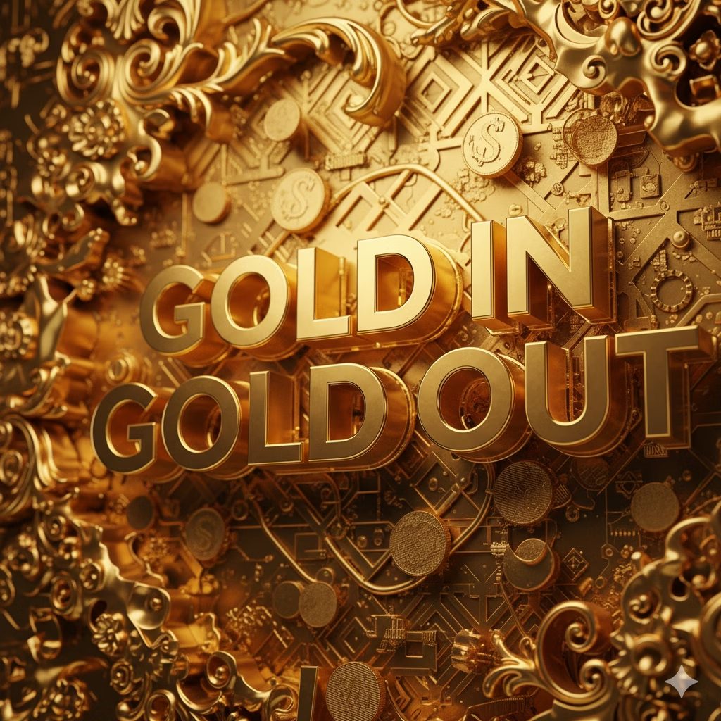 Gold sculpted artwork that reads Gold In, Gold Out
