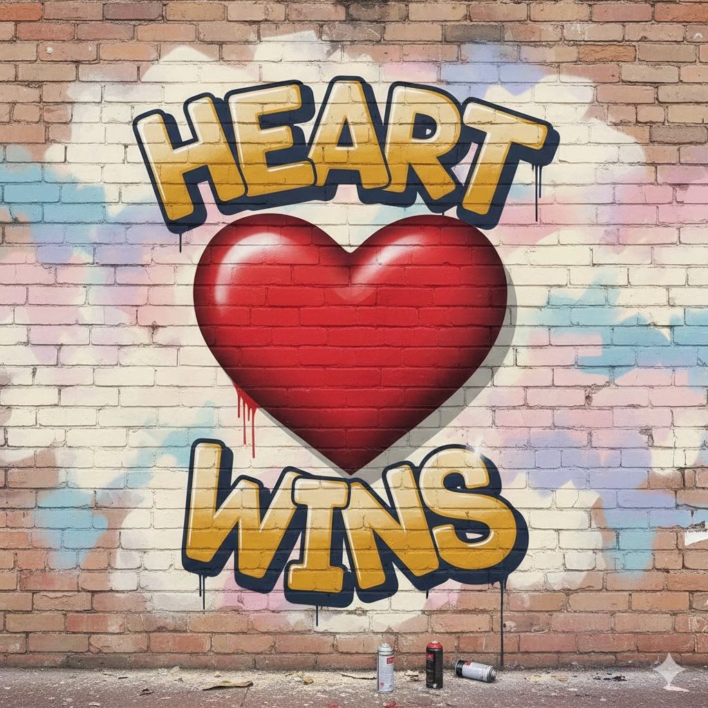 Graffiti art on a brick wall that reads Heart Wins with a large red heart