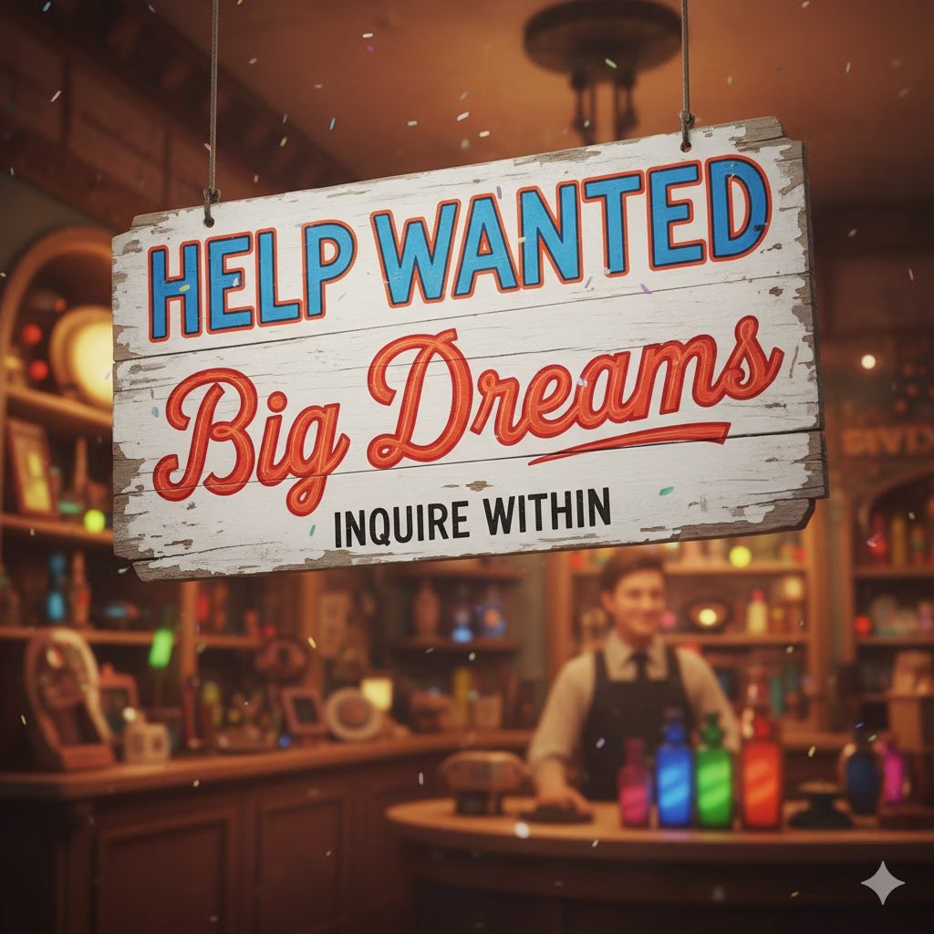 A vintage sign that reads Help Wanted: Big Dreams, Inquire Within