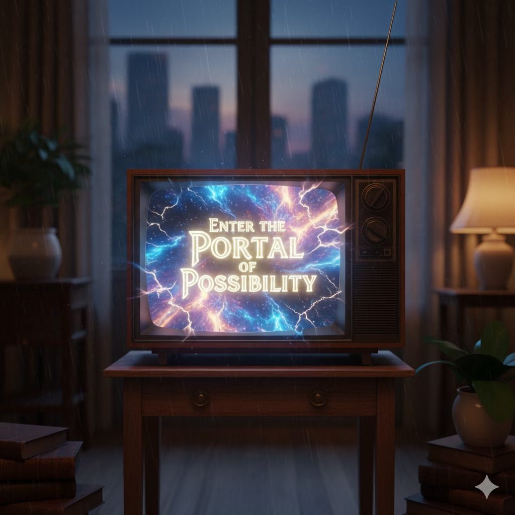 A retro television in a dark room glowing with the words Enter The Portal of Possibility