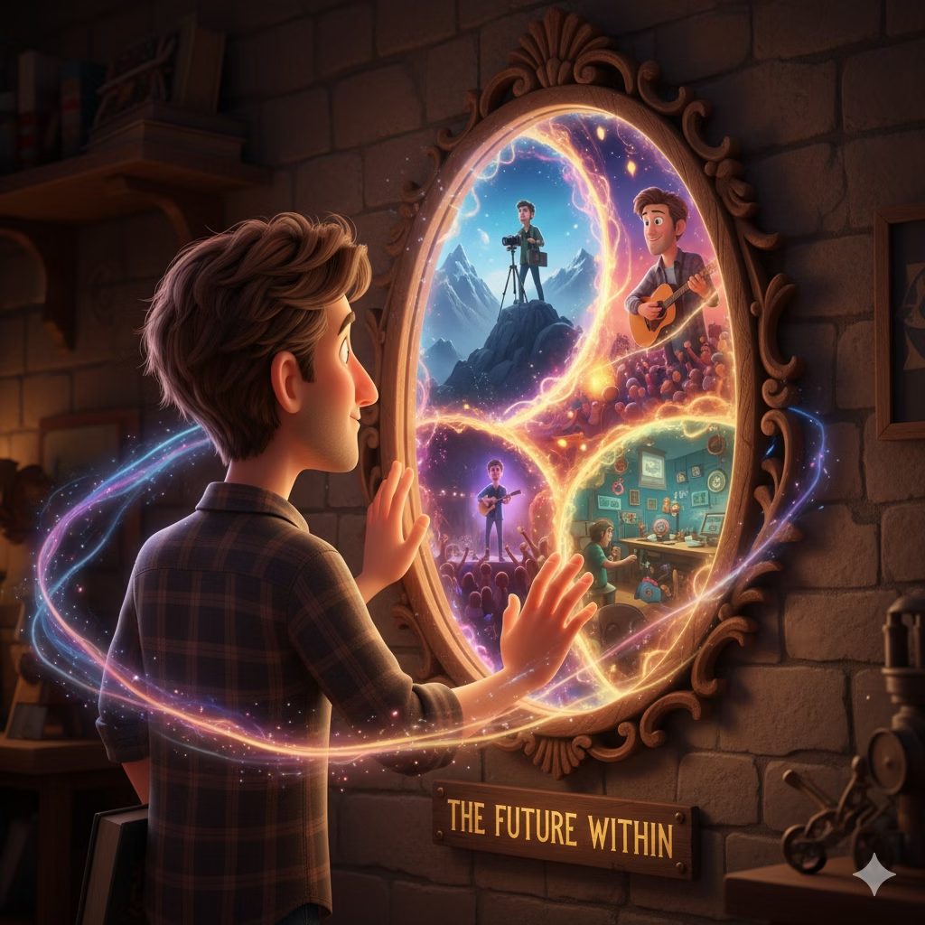 Painting of a man opening a glowing portal labeled The Future Within