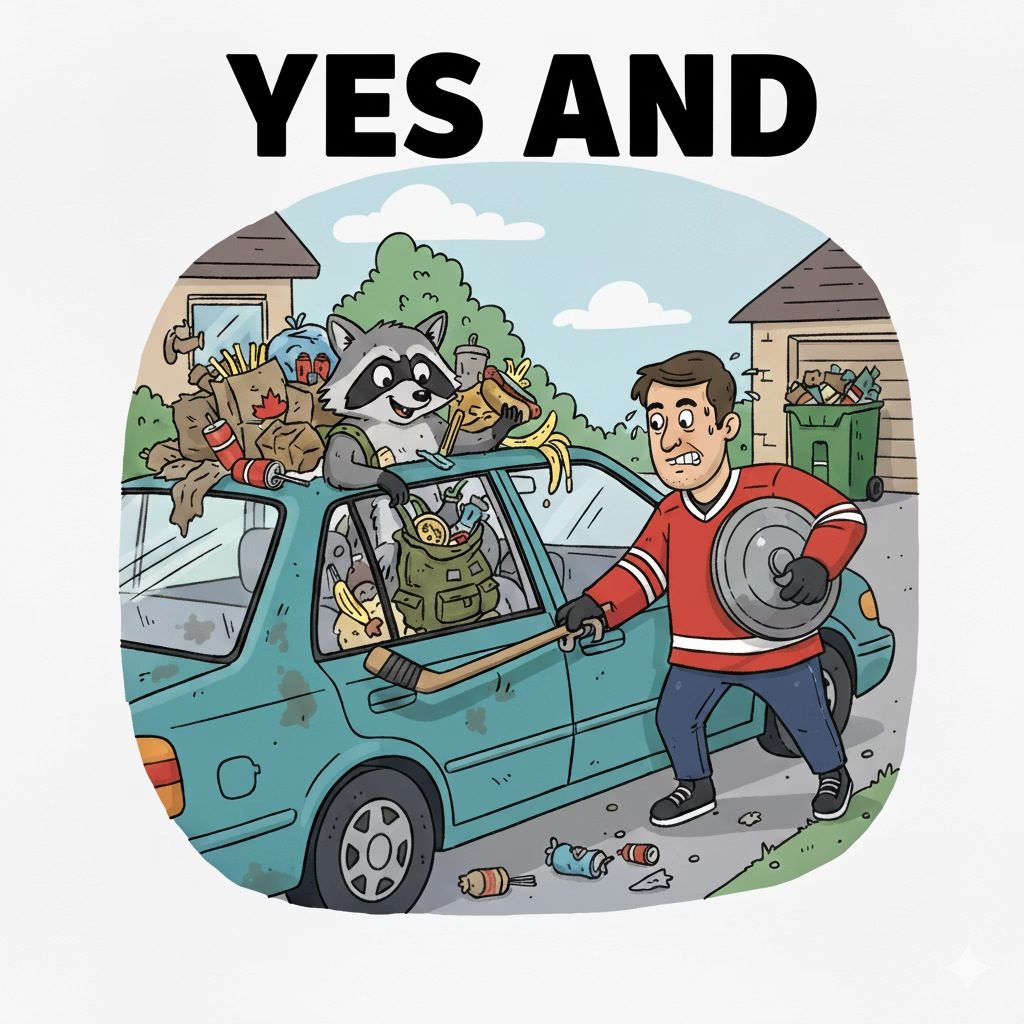 Cartoon of a man saying Yes And while a raccoon sits in his car